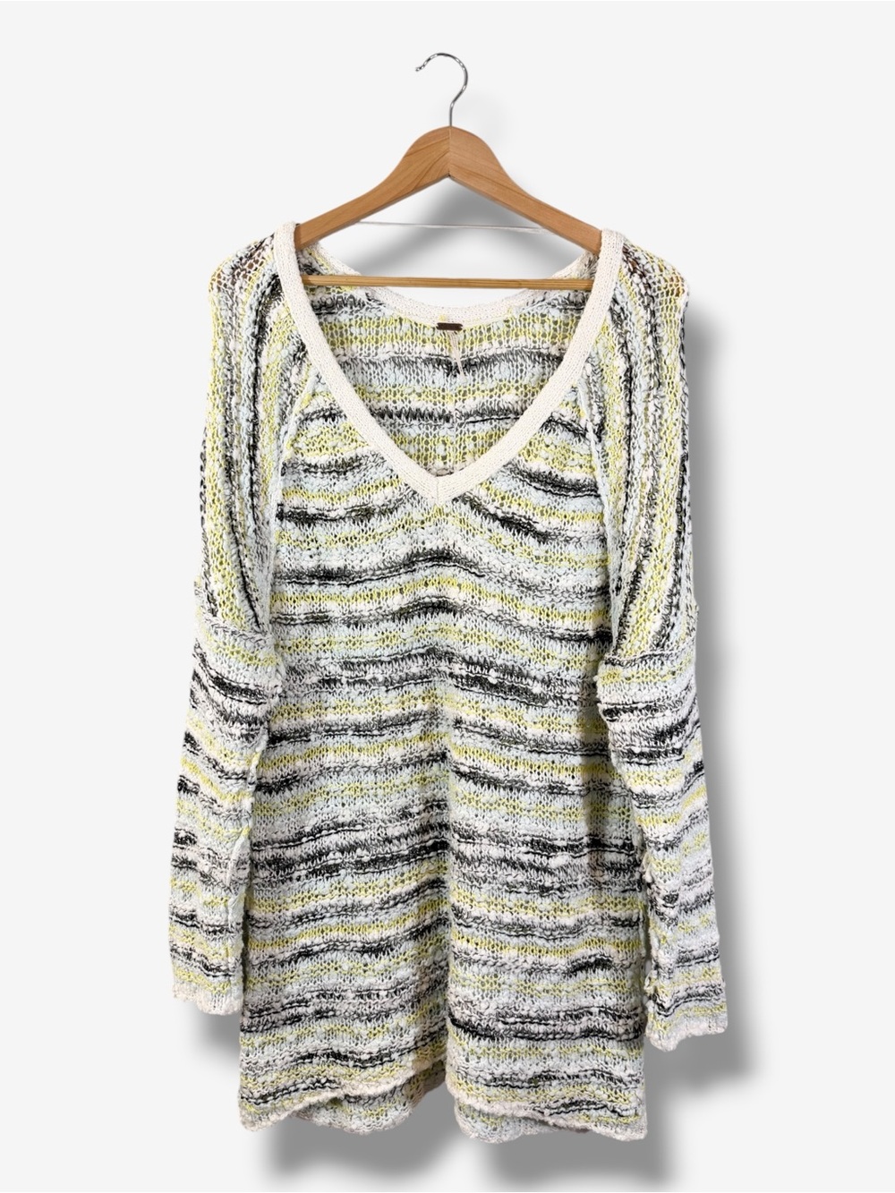 Free People Songbird Open Knit Tunic Sweater M Marled Yellow Black White V Neck